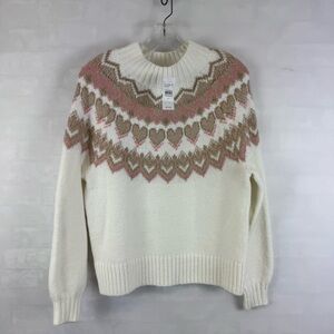 LOFT Heart Fair Isle‎ Sweater White Pink Metallic Pullover NWT XS